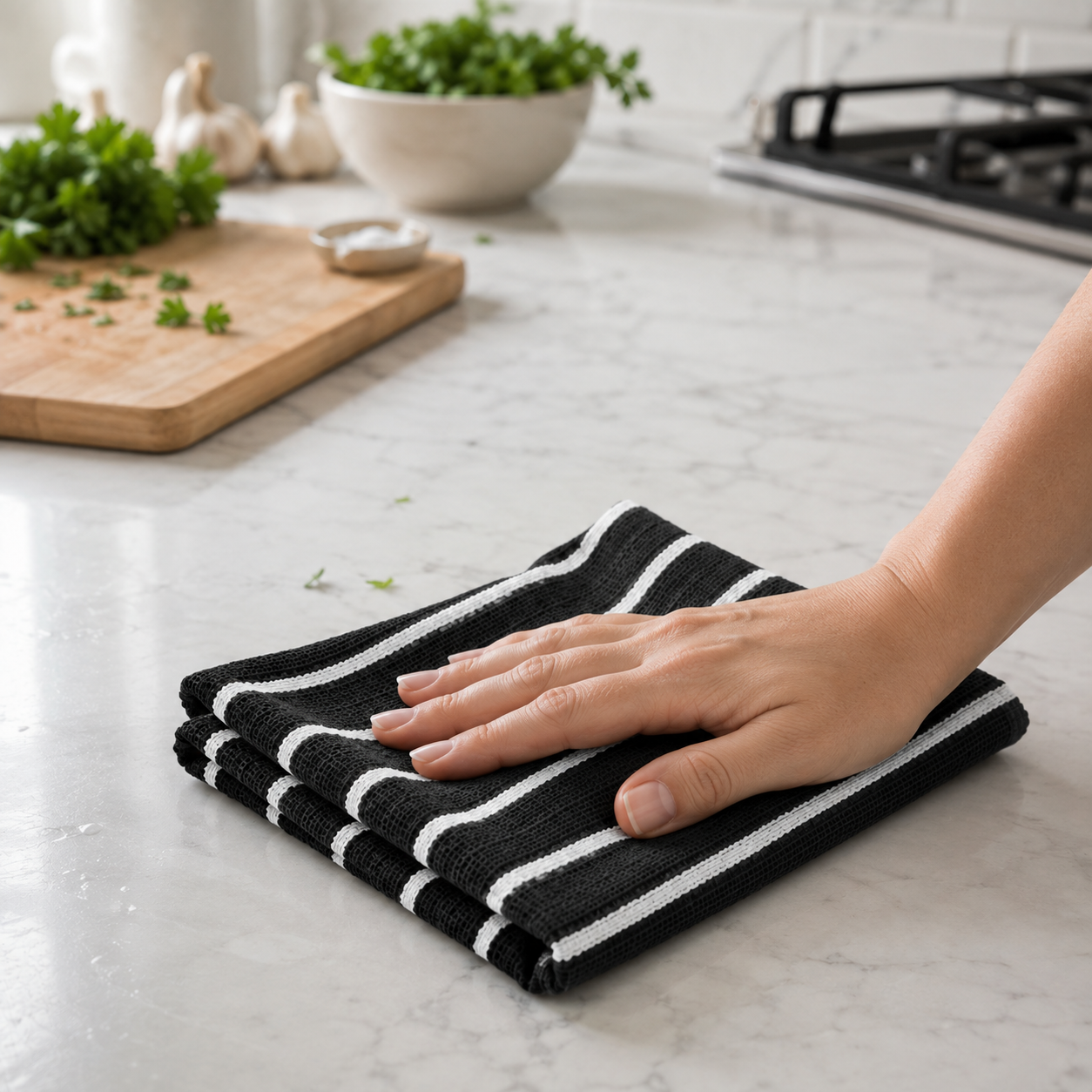 Kitchen Tea Towels Pack of 5, Dark Grey with Stripes, 100% Cotton Dish Towels, Highly Absorbent, Lint Free, Soft & Durable, Quick Dry Towels for Drying Dishes & Kitchen Cleaning, Includes Dishcloth
