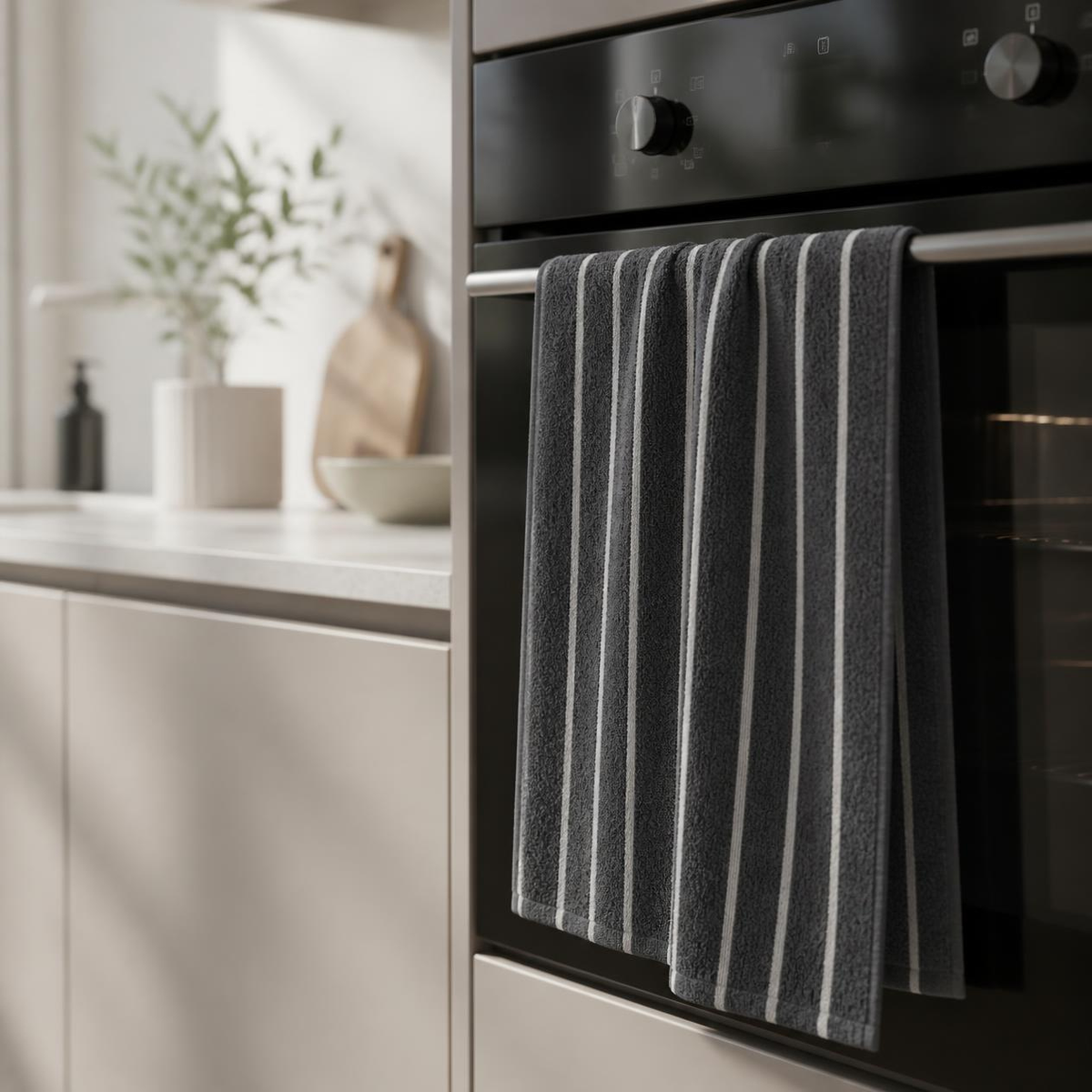 Kitchen Tea Towels Pack of 5, Dark Grey with Stripes, 100% Cotton Dish Towels, Highly Absorbent, Lint Free, Soft & Durable, Quick Dry Towels for Drying Dishes & Kitchen Cleaning, Includes Dishcloth