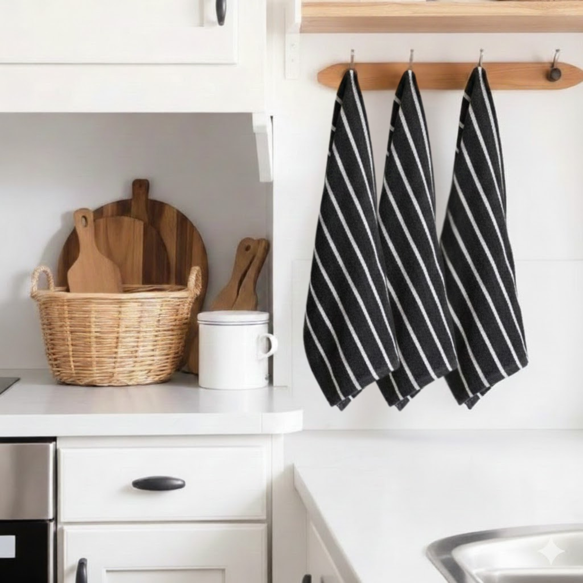 Kitchen Tea Towels Pack of 5, Dark Grey with Stripes, 100% Cotton Dish Towels, Highly Absorbent, Lint Free, Soft & Durable, Quick Dry Towels for Drying Dishes & Kitchen Cleaning, Includes Dishcloth