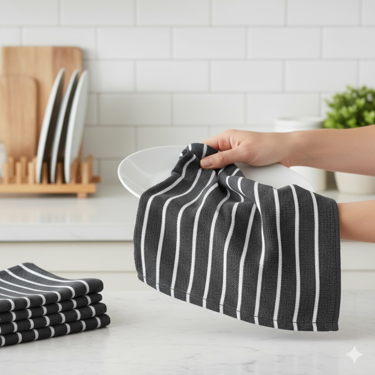 Kitchen Tea Towels Pack of 5, Dark Grey with Stripes, 100% Cotton Dish Towels, Highly Absorbent, Lint Free, Soft & Durable, Quick Dry Towels for Drying Dishes & Kitchen Cleaning, Includes Dishcloth