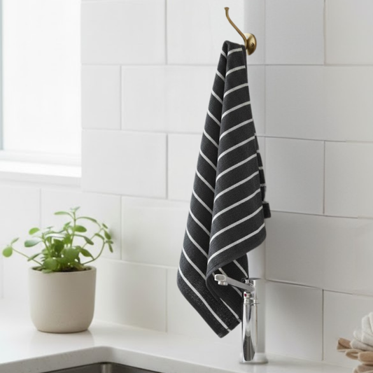 Kitchen Tea Towels Pack of 5, Dark Grey with Stripes, 100% Cotton Dish Towels, Highly Absorbent, Lint Free, Soft & Durable, Quick Dry Towels for Drying Dishes & Kitchen Cleaning, Includes Dishcloth